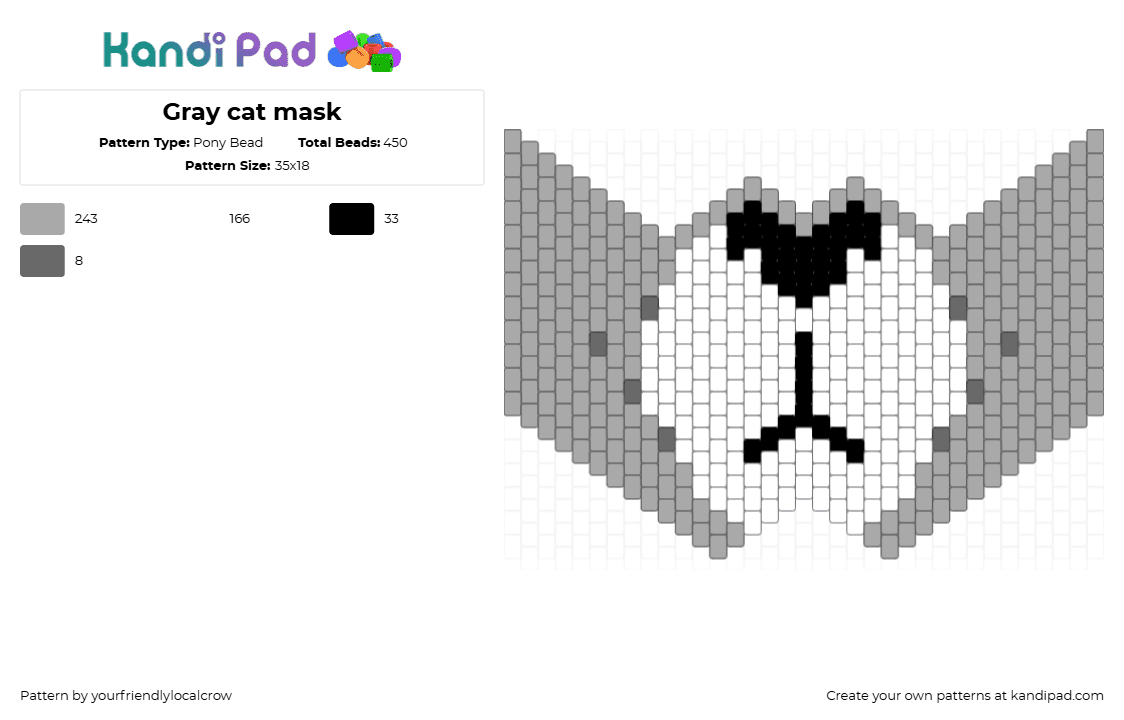 Gray cat mask - Pony Bead Pattern by yourfriendlylocalcrow on Kandi Pad - cat,mouth,animal,mask,gray,white