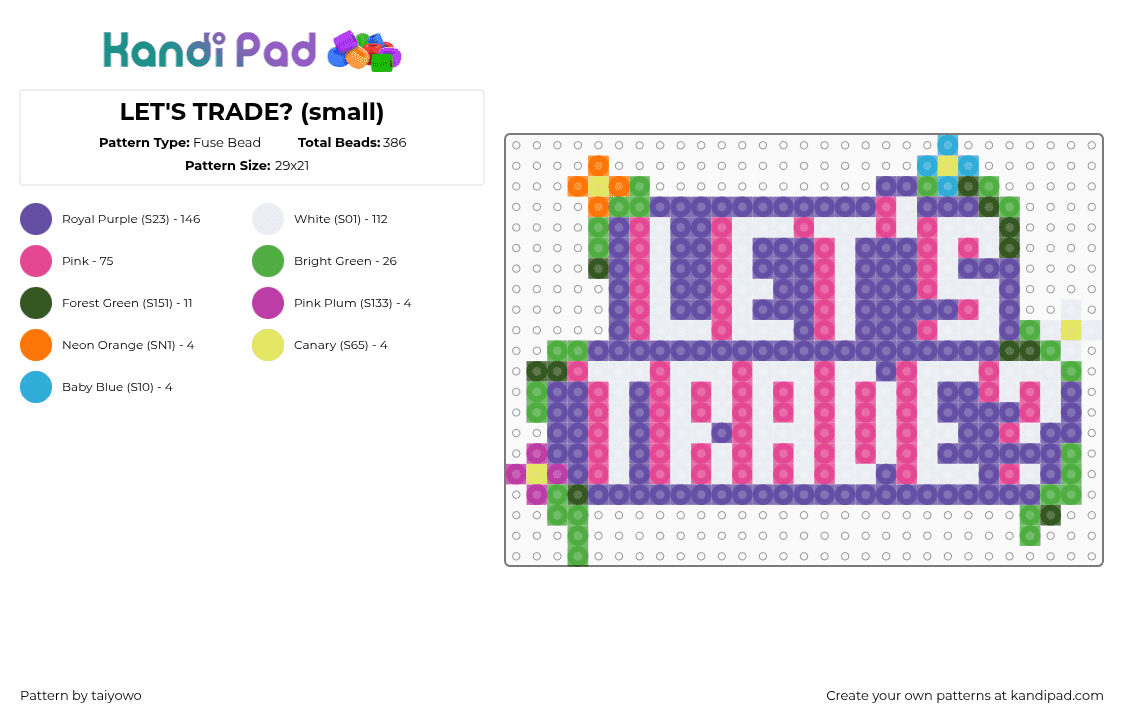 LET\'S TRADE? (small) - Fuse Bead Pattern by taiyowo on Kandi Pad - lets trade,sign,text,festival,spring,cat,dog,animal,pink,purple