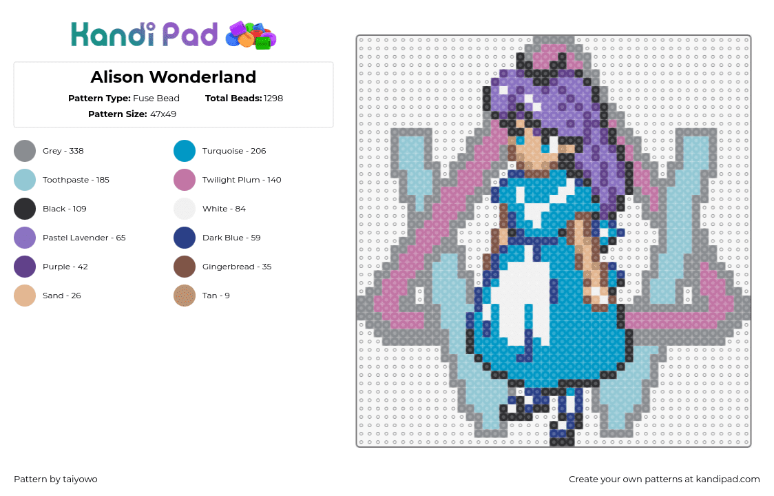 Alison Wonderland - Fuse Bead Pattern by taiyowo on Kandi Pad - alison wonderland,alice,mashup,logo,character,dj,m usic,edm,blue,purple