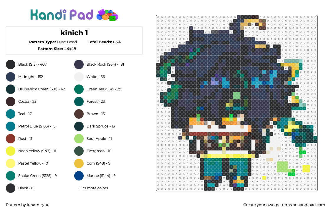 kinich 1 - Fuse Bead Pattern by lunamizyuu on Kandi Pad - kinich,genshin impact,chibi,character,video game,blue,teal