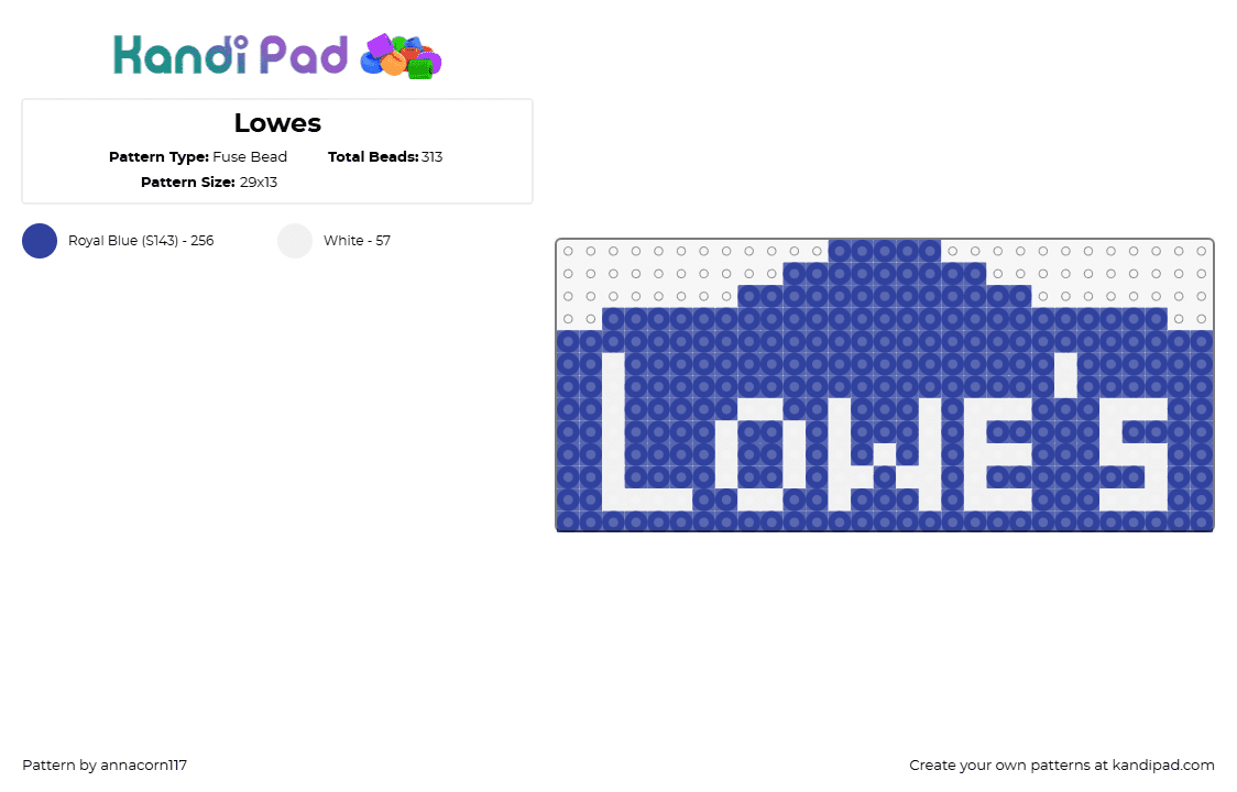 Lowes - Fuse Bead Pattern by annacorn117 on Kandi Pad - lowes,home improvement,logo,hardware,store,blue,white