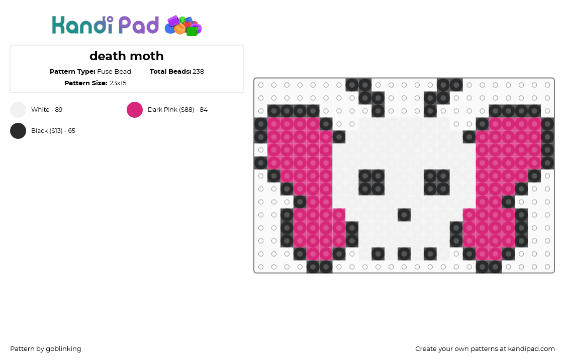 death moth - Fuse Bead Pattern by goblinking on Kandi Pad - white,pink