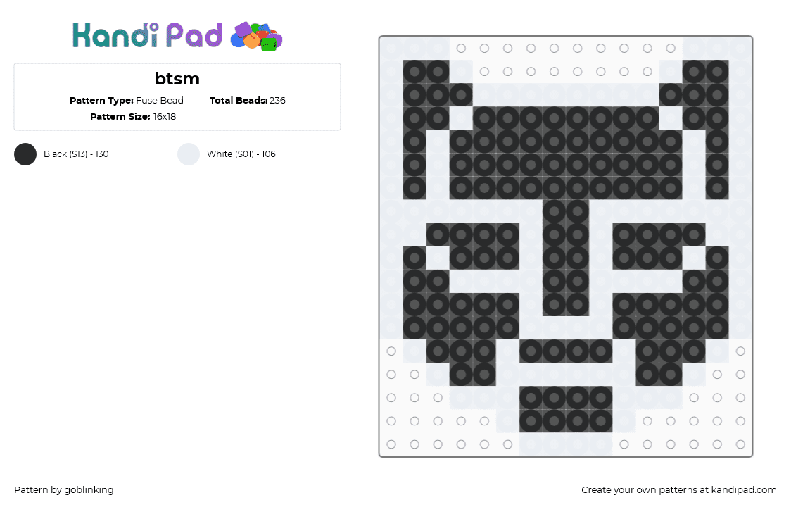 btsm - Fuse Bead Pattern by goblinking on Kandi Pad - white,black