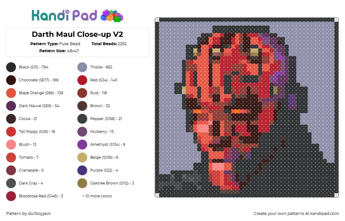 Darth Maul Close-up V2 - Fuse Bead Pattern by dullboyjack on Kandi Pad - 