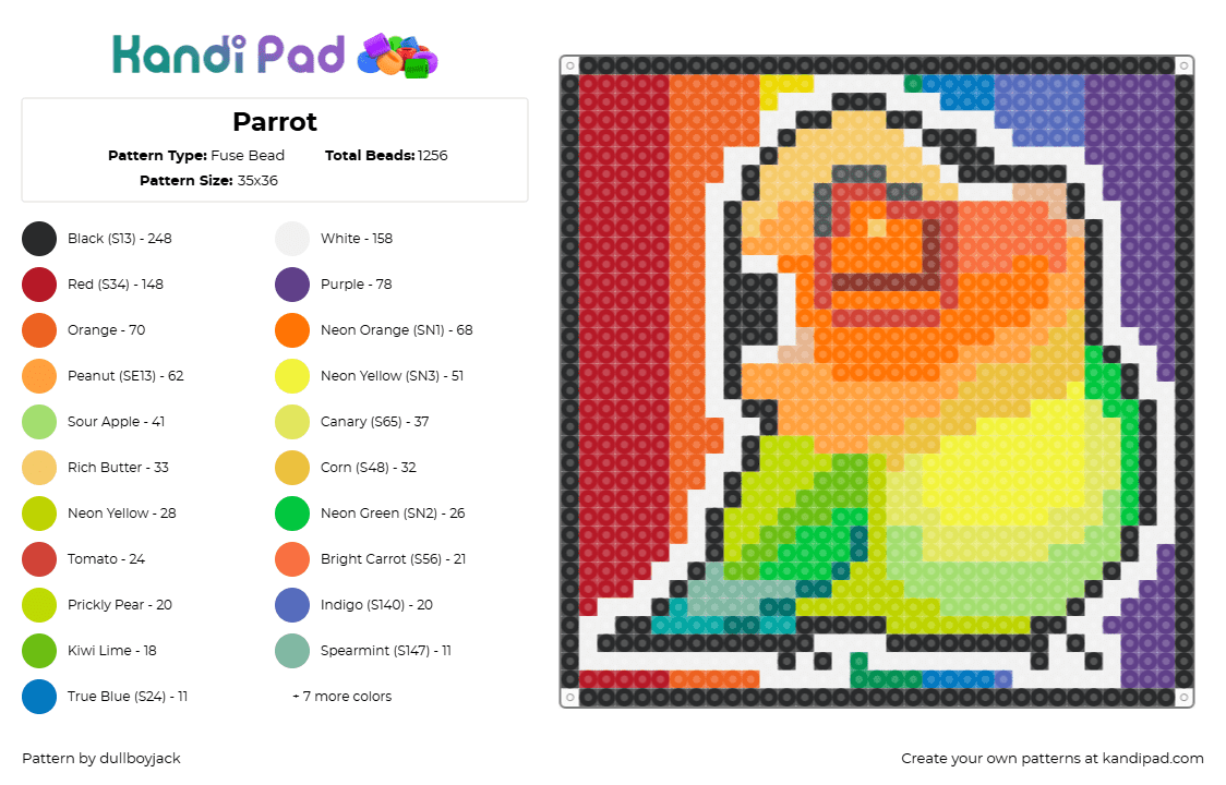 Disco Parrot - Fuse Bead Pattern by dullboyjack on Kandi Pad - green,yellow,orange,red