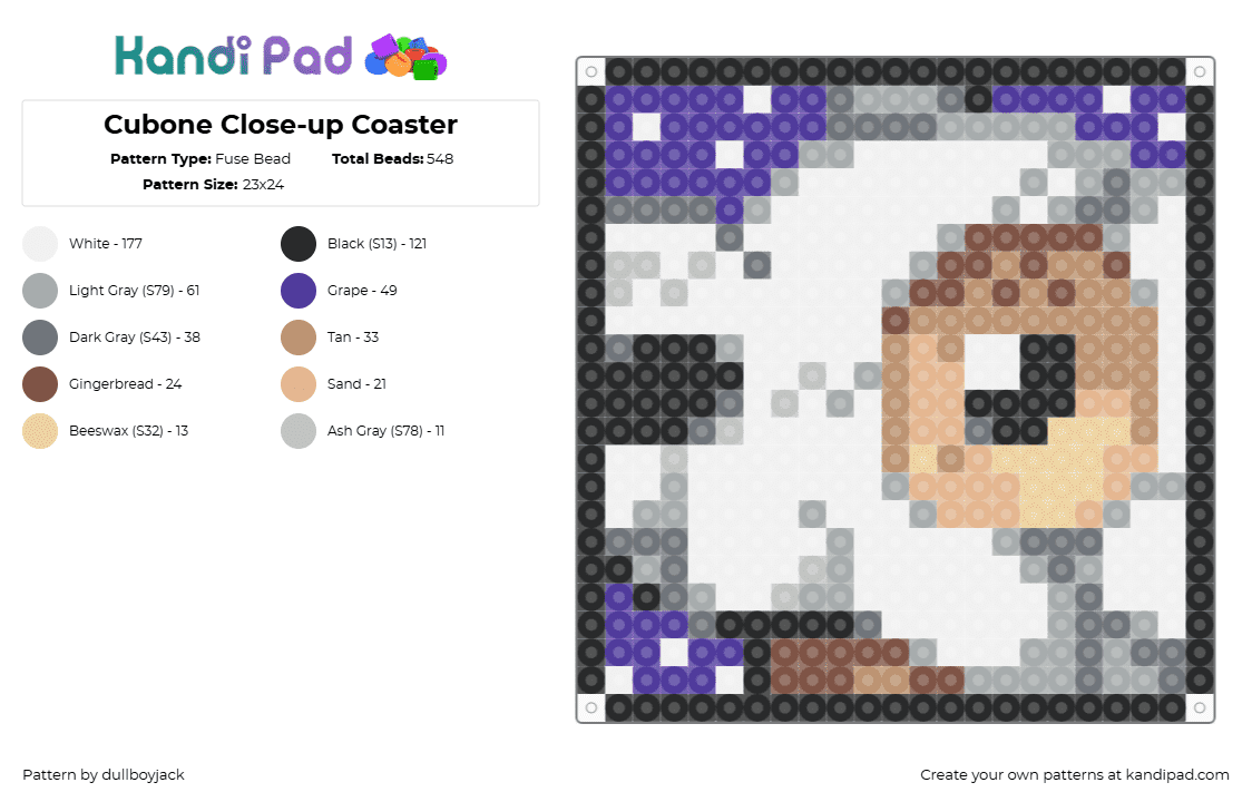 Cubone Close-up Coaster - Fuse Bead Pattern by dullboyjack on Kandi Pad - 