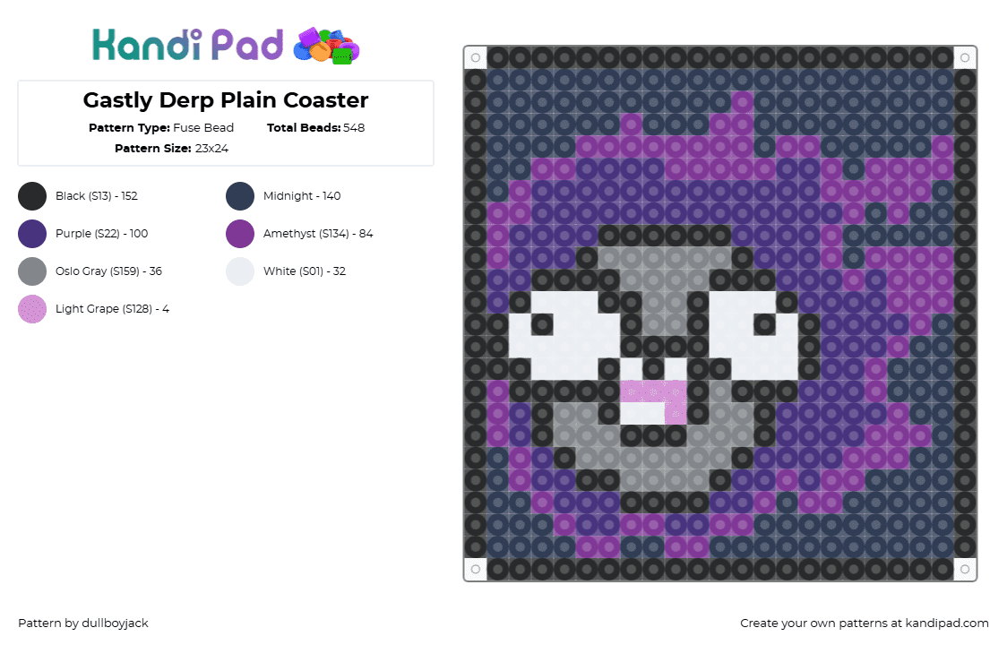 Gastly Derp Plain Coaster - Fuse Bead Pattern by dullboyjack on Kandi Pad - gastly,pokemon,derpy,coaster,silly,purple,gray