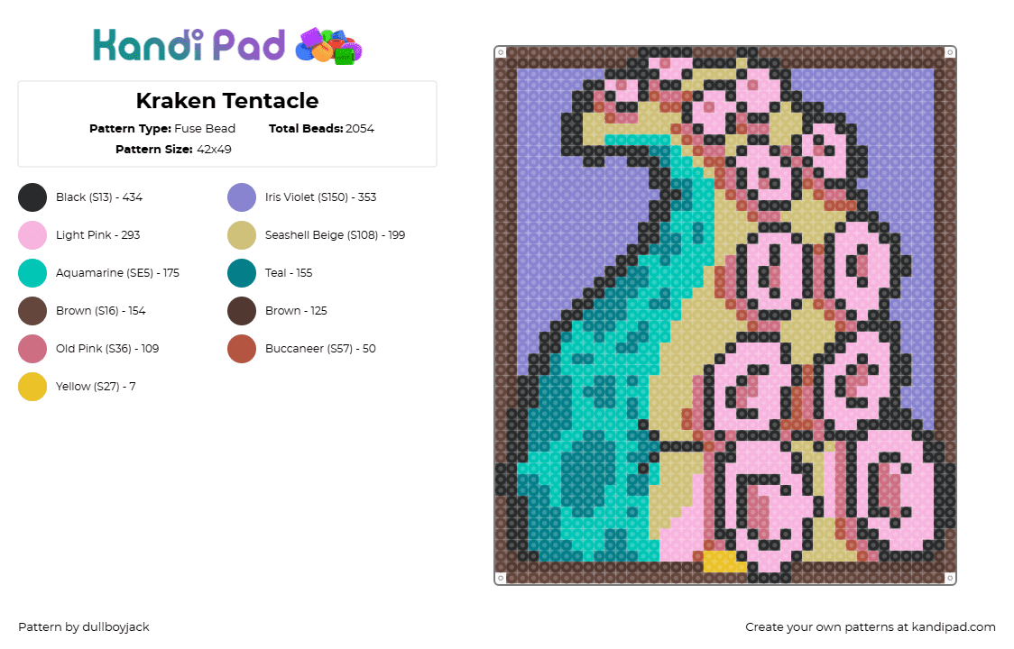 Kraken Tentacle - Fuse Bead Pattern by dullboyjack on Kandi Pad - brown,teal,pink,blue