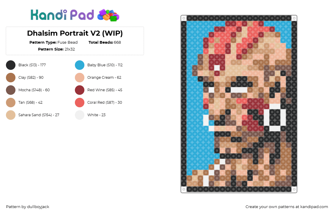 Dhalsim Portrait V2 - Fuse Bead Pattern by dullboyjack on Kandi Pad - tan,beige,light blue