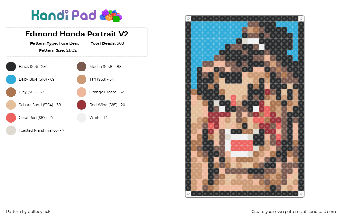 Edmond Honda Portrait V2 - Fuse Bead Pattern by dullboyjack on Kandi Pad - tan,beige