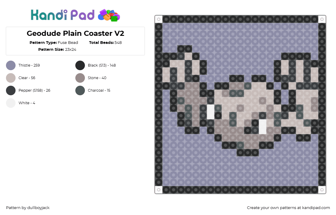 Geodude Plain Coaster V2 - Fuse Bead Pattern by dullboyjack on Kandi Pad - geodude,pokemon,coaster,gaming,character,purple,gray