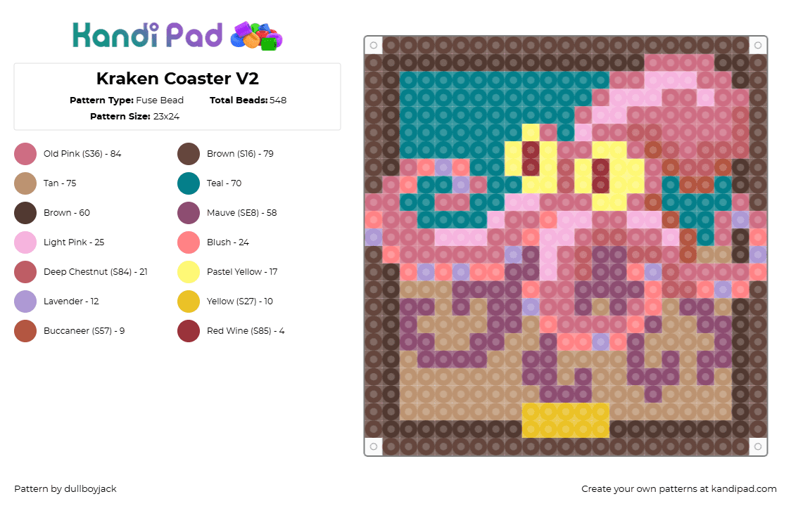 Kraken Coaster V2 - Fuse Bead Pattern by dullboyjack on Kandi Pad - pink,brown