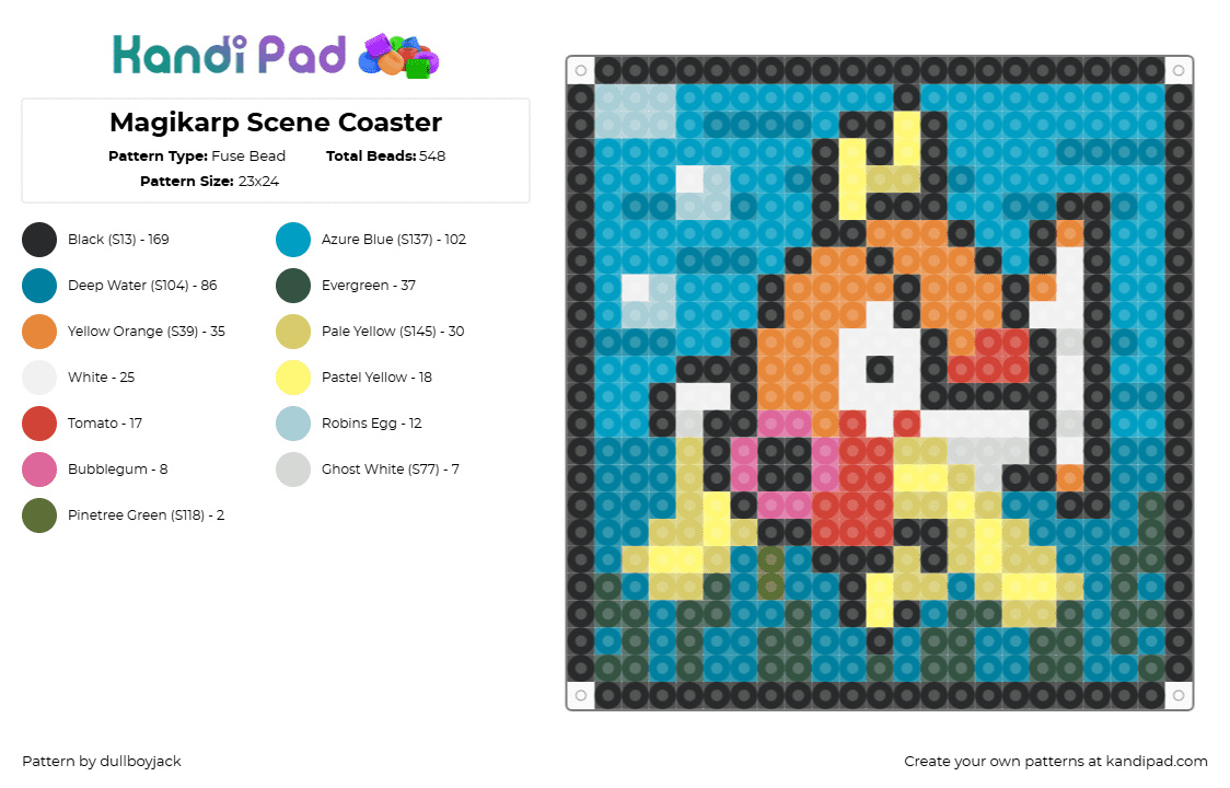 Magikarp Scene Coaster - Fuse Bead Pattern by dullboyjack on Kandi Pad - magikarp,pokemon,coaster,underwater,fish,gaming,character,orange,teal