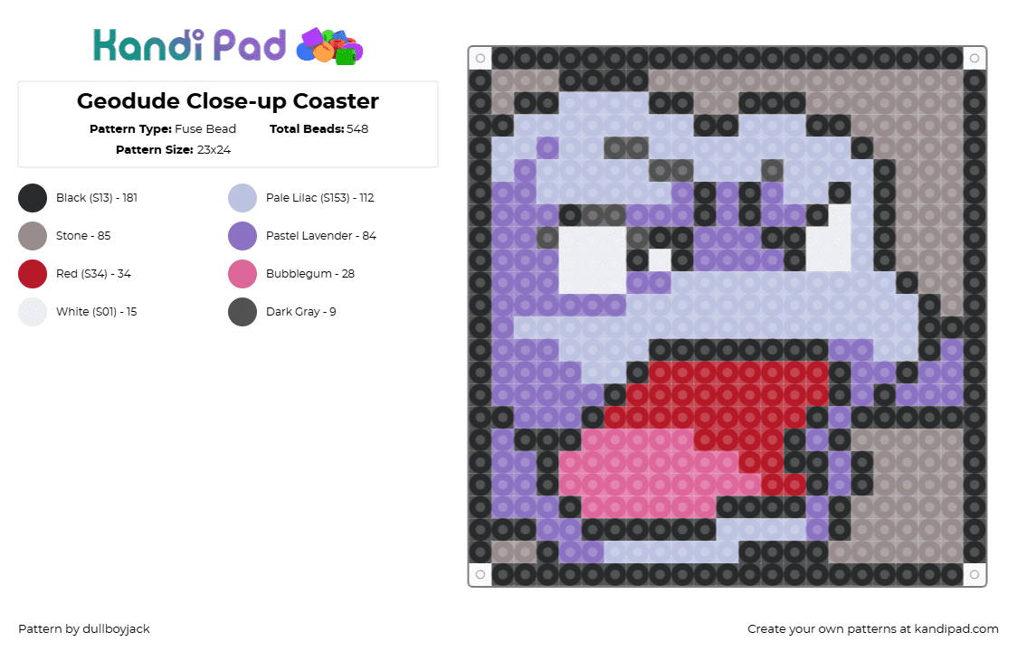Geodude Close-up Coaster - Fuse Bead Pattern by dullboyjack on Kandi Pad - geodude,pokemon,portrait,gaming,coaster,purple,tan