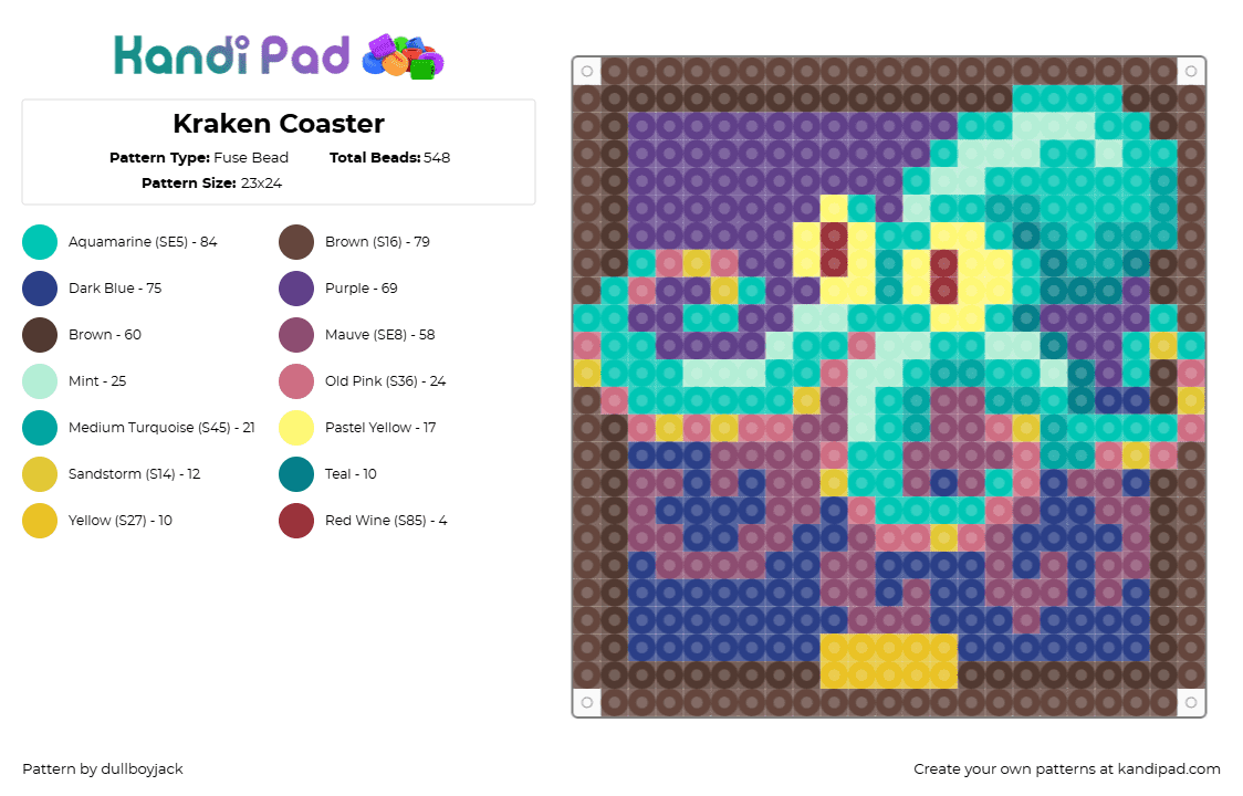 Kraken Coaster - Fuse Bead Pattern by dullboyjack on Kandi Pad - teal,brown,purple,colorful