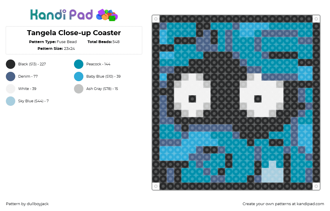 Tangela Close-up Coaster - Fuse Bead Pattern by dullboyjack on Kandi Pad - tangela,pokemon,coaster,face,eyes,gaming,teal,black