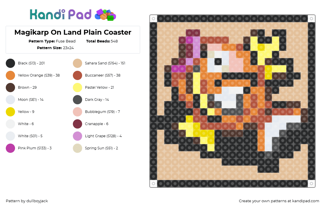 Magikarp On Land Plain Coaster - Fuse Bead Pattern by dullboyjack on Kandi Pad - magikarp,pokemon,coaster,character,fish,gaming,orange,tan