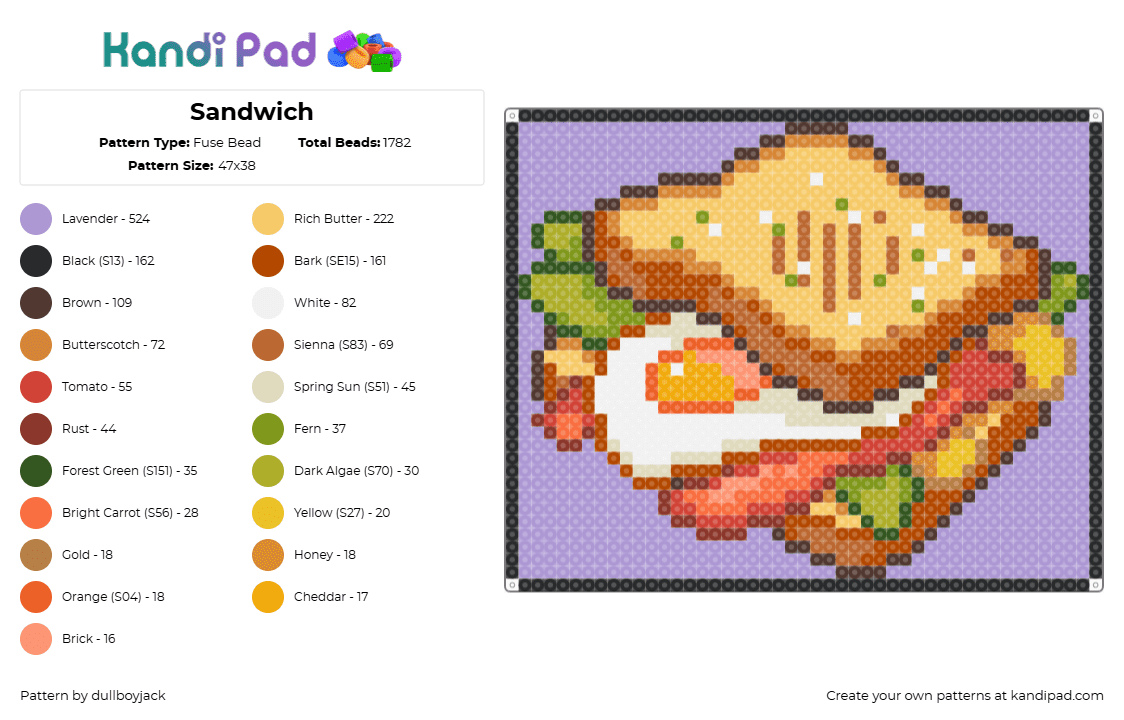 Sandwich - Fuse Bead Pattern by dullboyjack on Kandi Pad - sandwich,egg,food,red,orange,yellow,pink