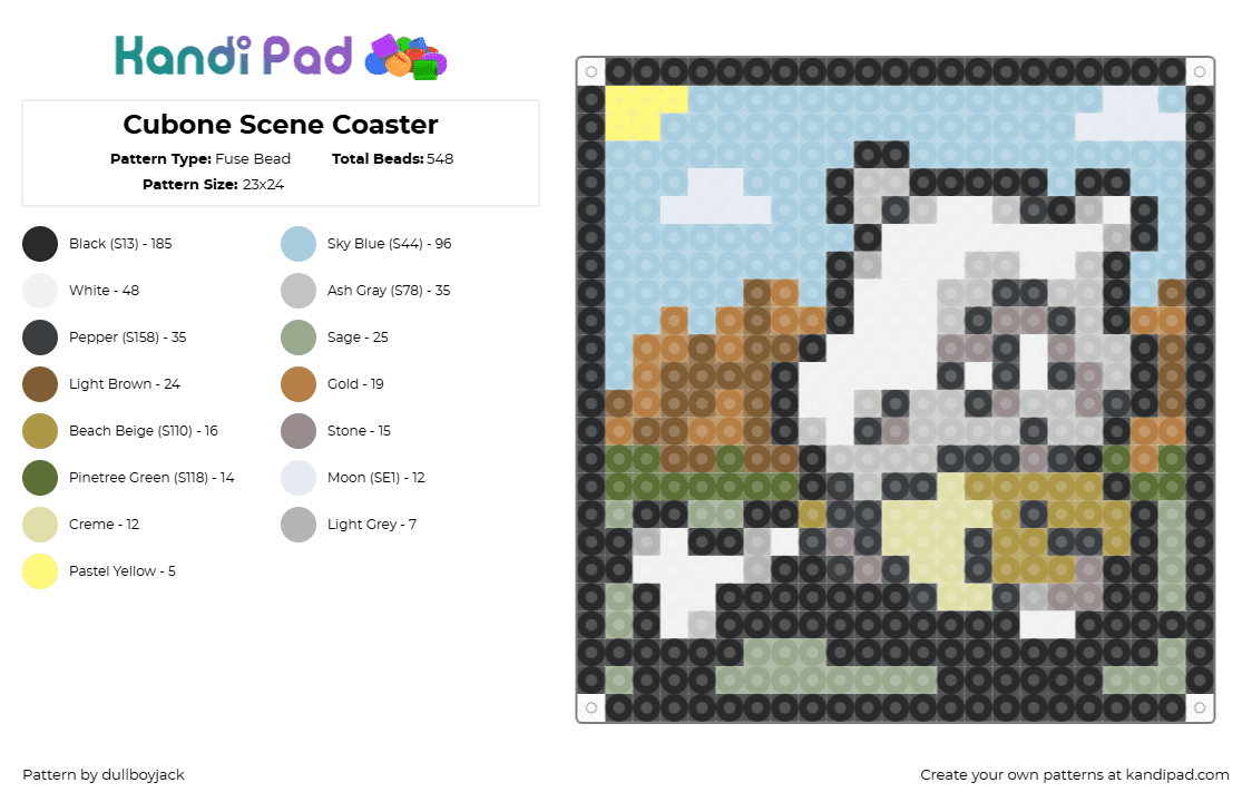 Cubone Scene Coaster - Fuse Bead Pattern by dullboyjack on Kandi Pad - cubone,pokemon,coaster,gaming,character,light blue,tan,gray