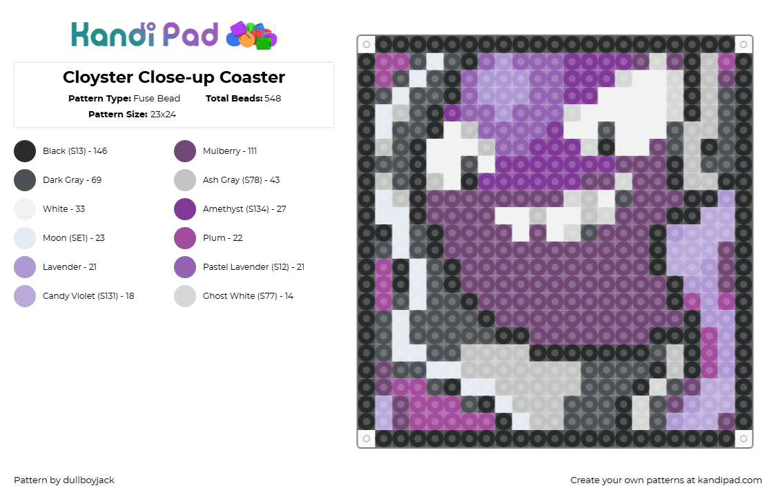 Cloyster Close-up Coaster - Fuse Bead Pattern by dullboyjack on Kandi Pad - cloyster,pokemon,coaster,face,gaming,purpl,e,gray