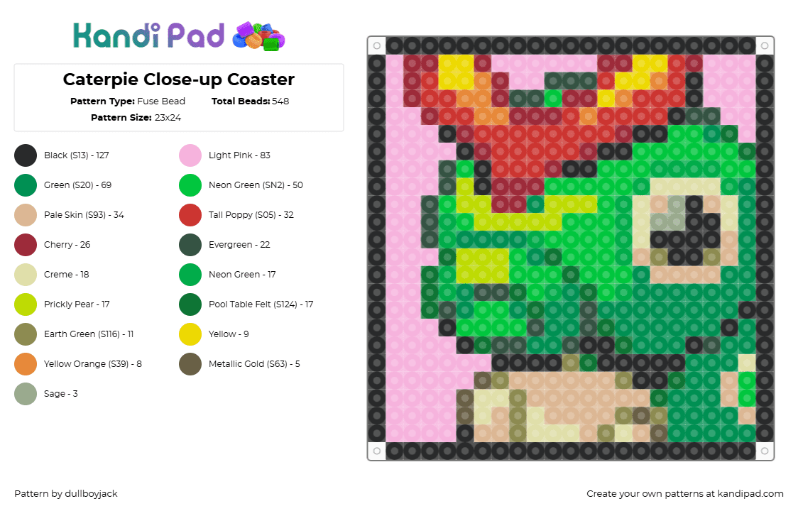 Caterpie Close-up Coaster - Fuse Bead Pattern by dullboyjack on Kandi Pad - caterpie,pokemon,coaster,face,gaming,green,pink,red