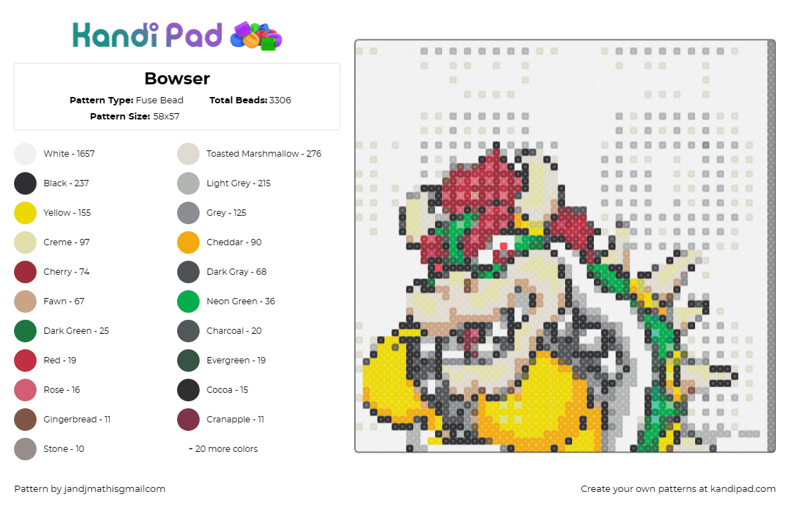 Bowser - Fuse Bead Pattern by jandjmathisgmailcom on Kandi Pad - bowser,mario,nintendo