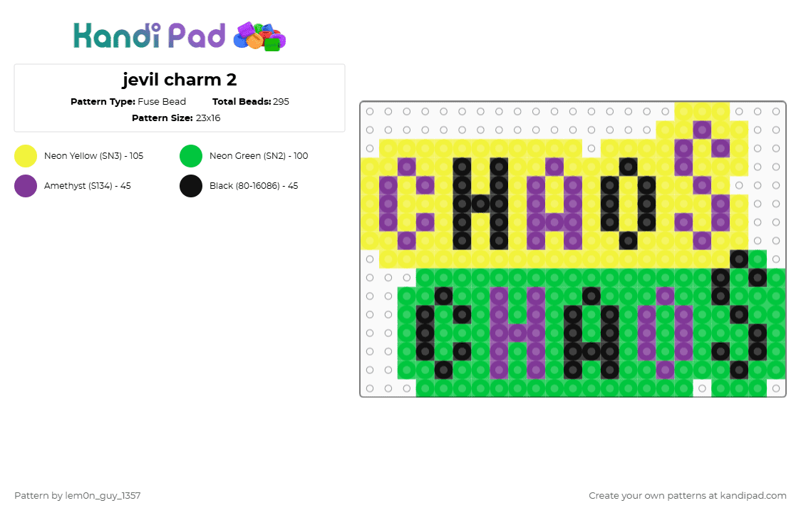 jevil charm 2 - Fuse Bead Pattern by lem0n_guy_1357 on Kandi Pad - yellow,green,deltarune,words,letters