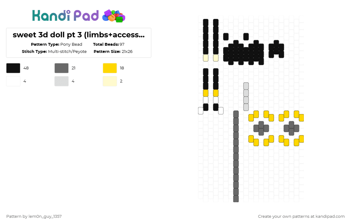sweet 3d doll pt 3 (limbs+accessories) - Pony Bead Pattern by lem0n_guy_1357 on Kandi Pad - yellow,gray,3d,doll,deltarune,sweet capn cakes