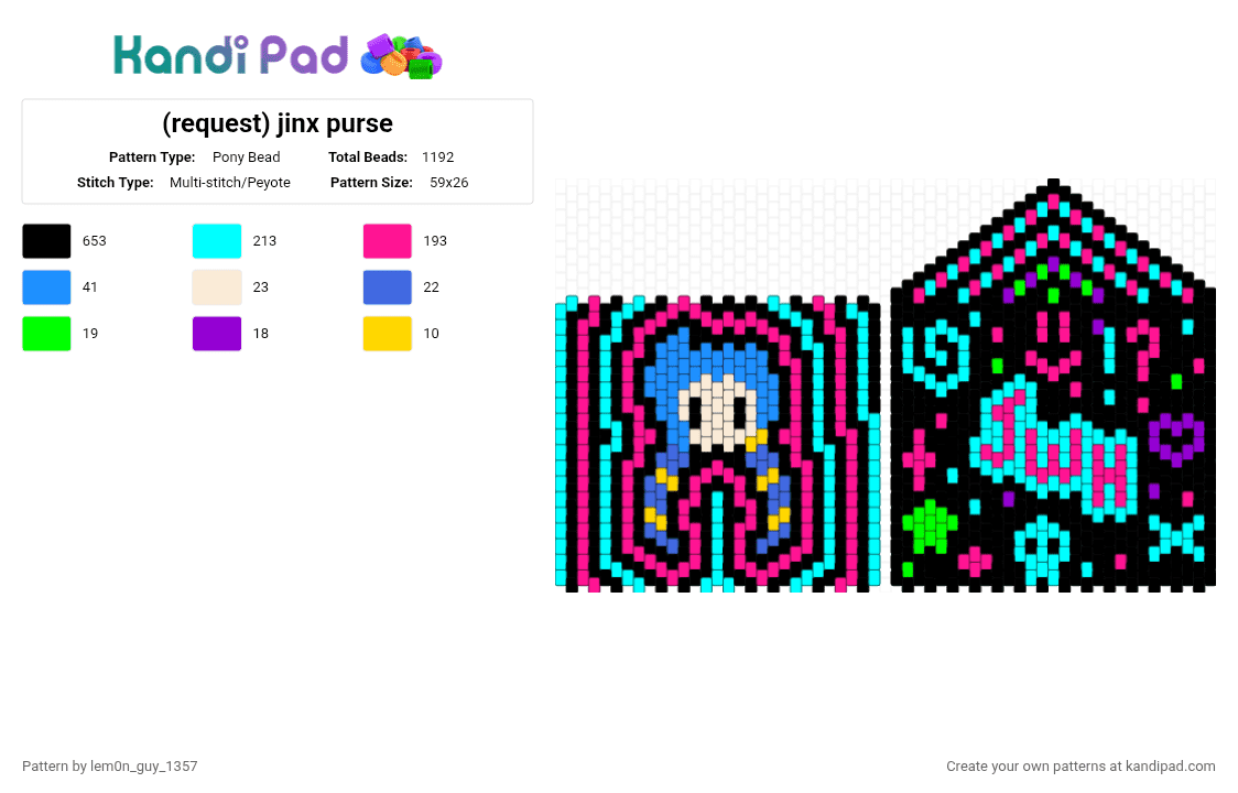 (request) jinx purse - Pony Bead Pattern by lem0n_guy_1357 on Kandi Pad - black,light blue,pink,bag,characters,cartoon,game,video game,gaming,arcane