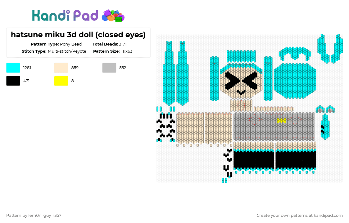hatsune miku 3d doll (closed eyes) - Pony Bead Pattern by lem0n_guy_1357 on Kandi Pad - beige,light blue,3d,vocaloid,music,teto
