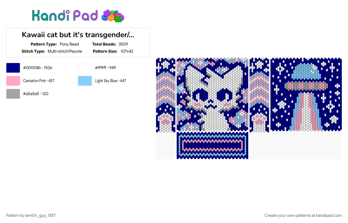 Kawaii cat but it\'s transgender/cotton candy colours (full bag) - Pony Bead Pattern by lem0n_guy_1357 on Kandi Pad - animal, bag, cotton candy, cute, kawaii, pride, purple, purse, trans flag