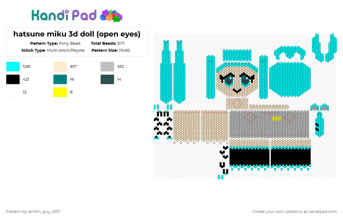 hatsune miku 3d doll (open eyes) - Pony Bead Pattern by lem0n_guy_1357 on Kandi Pad - beige,light blue,3d,vocaloid,music,teto
