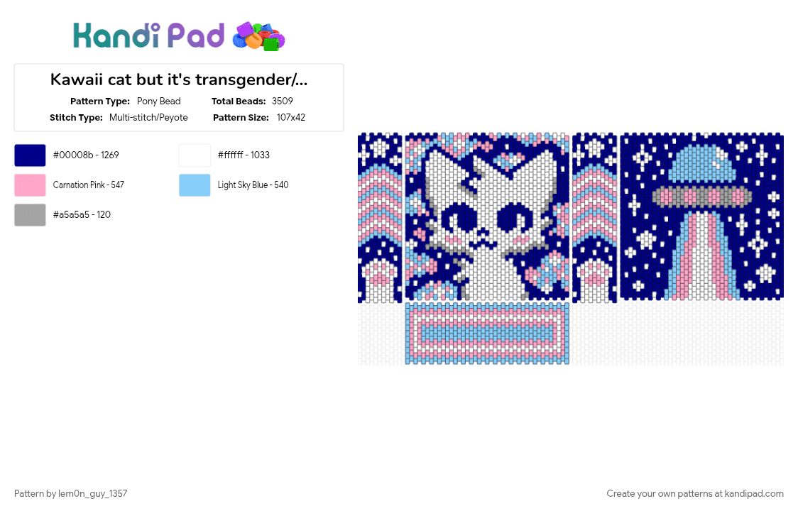 Kawaii cat but it\'s transgender/cotton candy colours (full bag) - Pony Bead Pattern by lem0n_guy_1357 on Kandi Pad - animal, bag, cotton candy, cute, kawaii, pride, purple, purse, trans flag