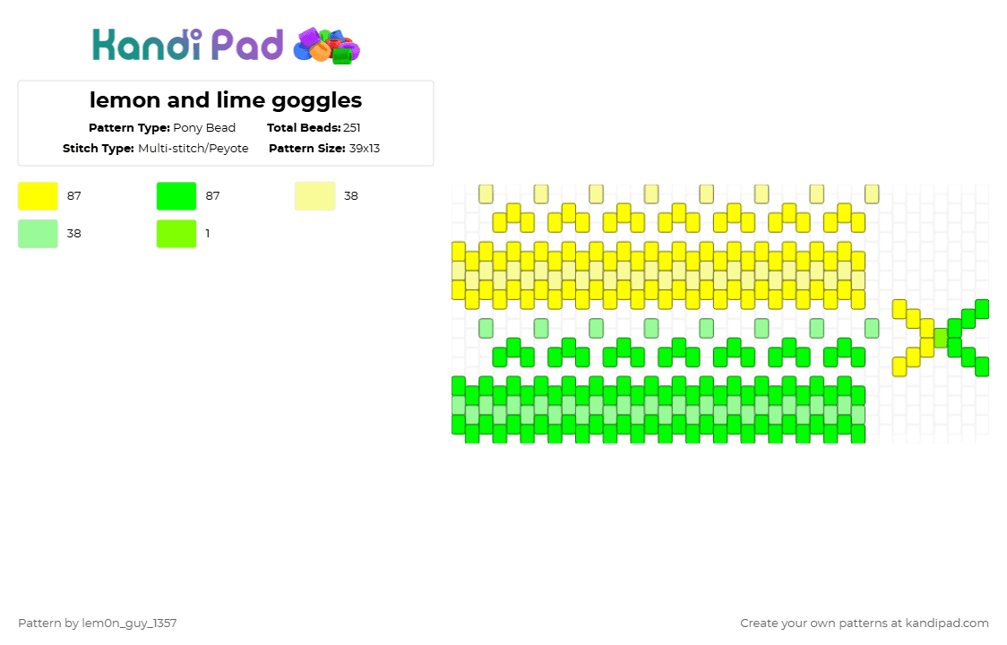lemon and lime goggles - Pony Bead Pattern by lem0n_guy_1357 on Kandi Pad - yellow,green,lemon,line,goggles,lemon and lime