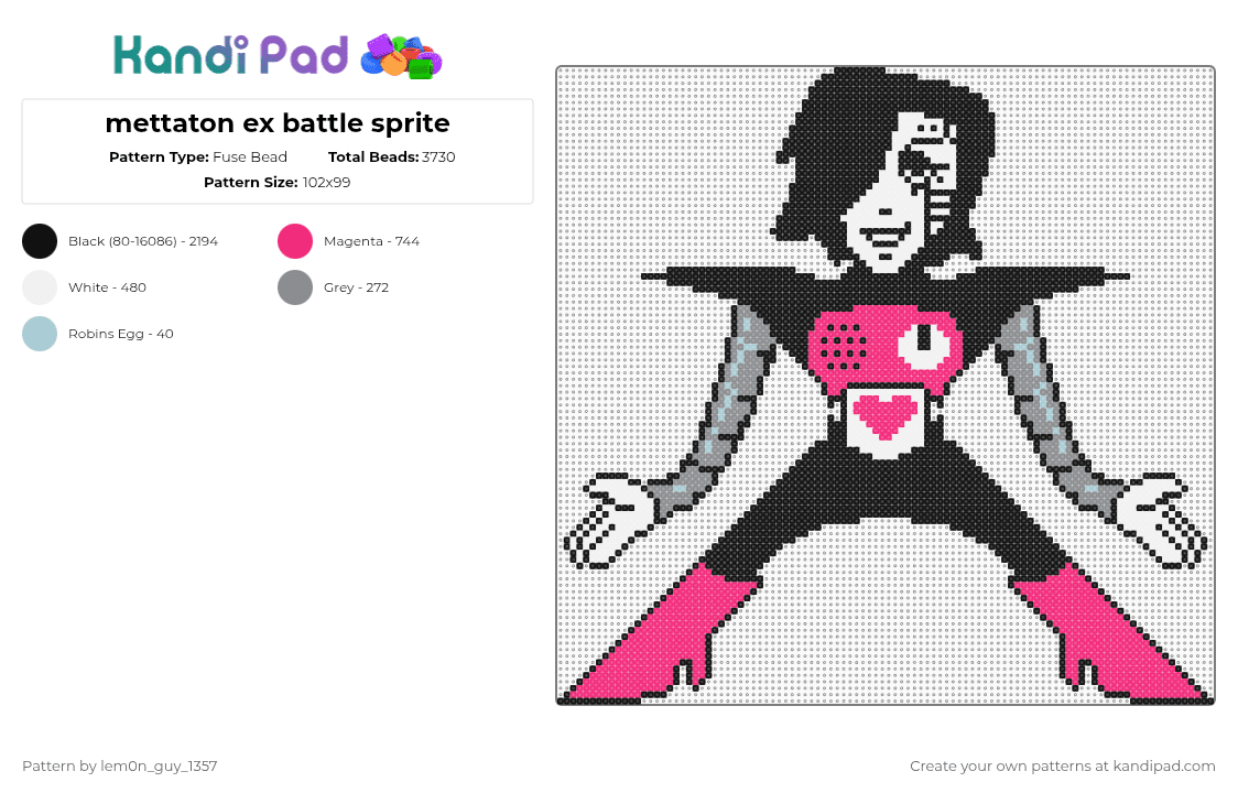 mettaton ex battle sprite - Fuse Bead Pattern by lem0n_guy_1357 on Kandi Pad - black,pink,mtt,mettaton,game,gaming,video games,undertale,legs
