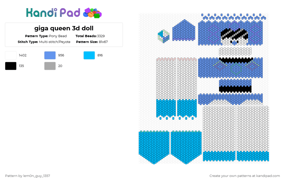 giga queen 3d doll - Pony Bead Pattern by lem0n_guy_1357 on Kandi Pad - light blue,queen,deltarune,3d,doll,videogame,game,gaming