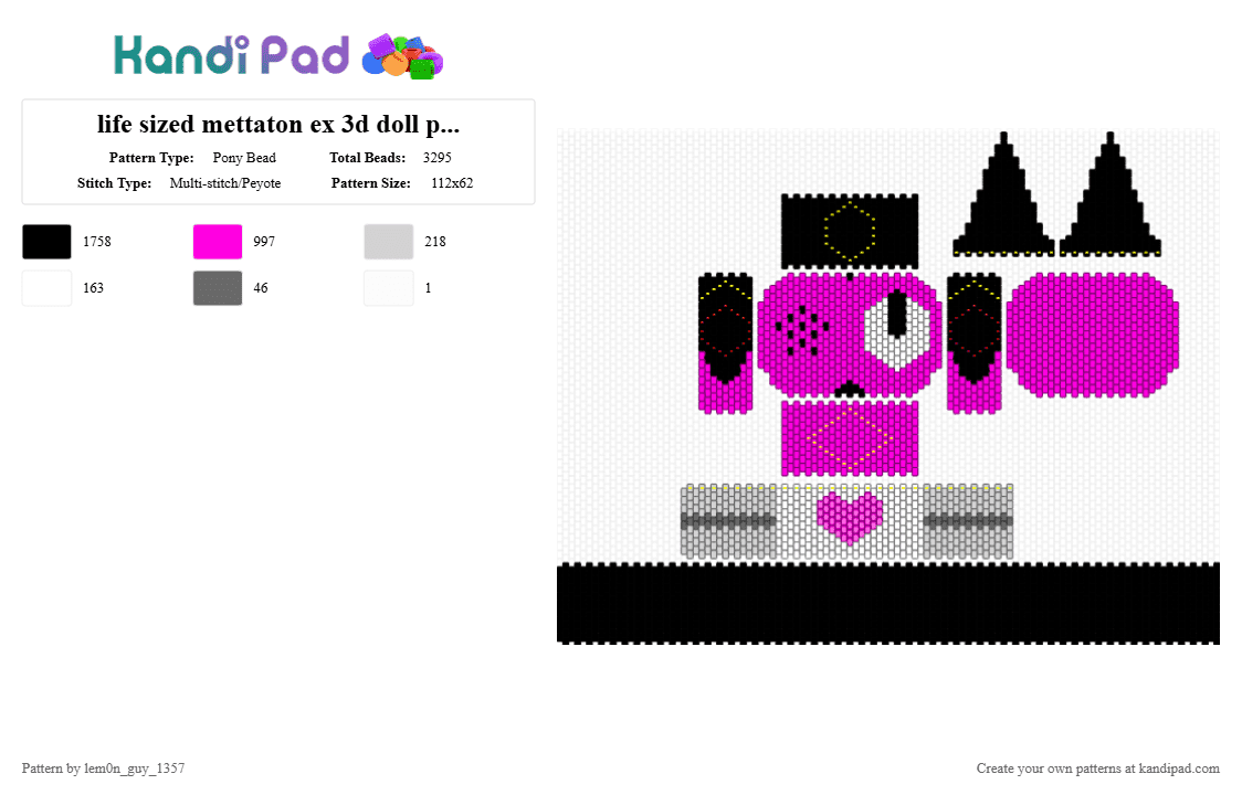 life sized mettaton ex 3d doll pt 2 (body) - Pony Bead Pattern by lem0n_guy_1357 on Kandi Pad - pink,mtt,game,video game,gaming,cute,undertale