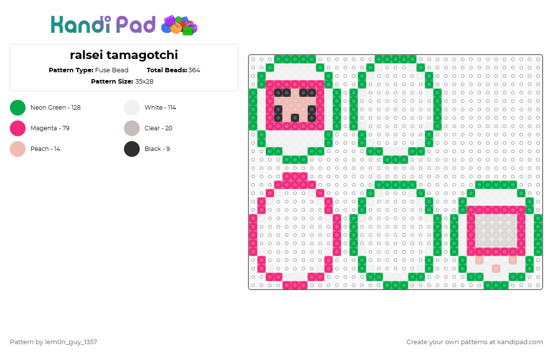 ralsei tamagotchi - Fuse Bead Pattern by lem0n_guy_1357 on Kandi Pad - green,pink,delatrune,tamagotchi,fun gang,game,gaming,videogame