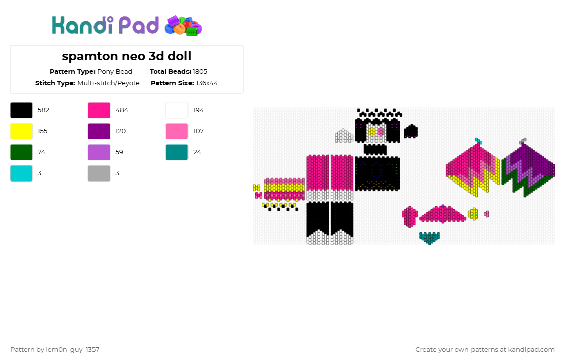 spamton neo 3d doll - Pony Bead Pattern by lem0n_guy_1357 on Kandi Pad - pink,spamton,3d doll