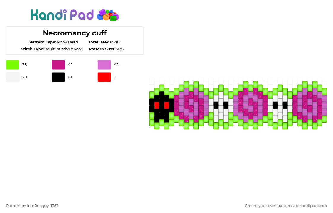 Necromancy cuff - Pony Bead Pattern by lem0n_guy_1357 on Kandi Pad - necromancy,skulls,swirl,neon,magic,occult,halloween,holiday,spooky,pink,green,cuff