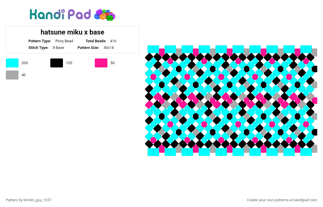 hatsune miku x base - Pony Bead Pattern by lem0n_guy_1357 on Kandi Pad - light blue,x base,music,vocaloid,characters