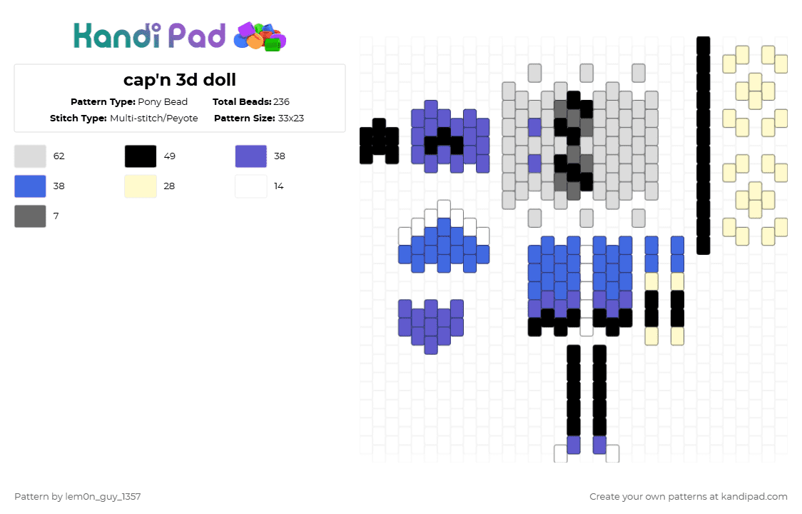 cap\'n 3d doll - Pony Bead Pattern by lem0n_guy_1357 on Kandi Pad - blue,3d,doll,deltarune,game,gaming,video game,sweet capn cakes