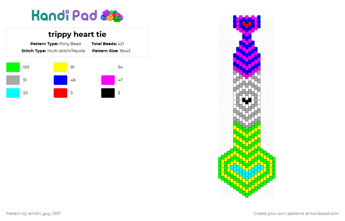 trippy heart tie - Pony Bead Pattern by lem0n_guy_1357 on Kandi Pad - pink,green,colorful,heart,tie,trippy