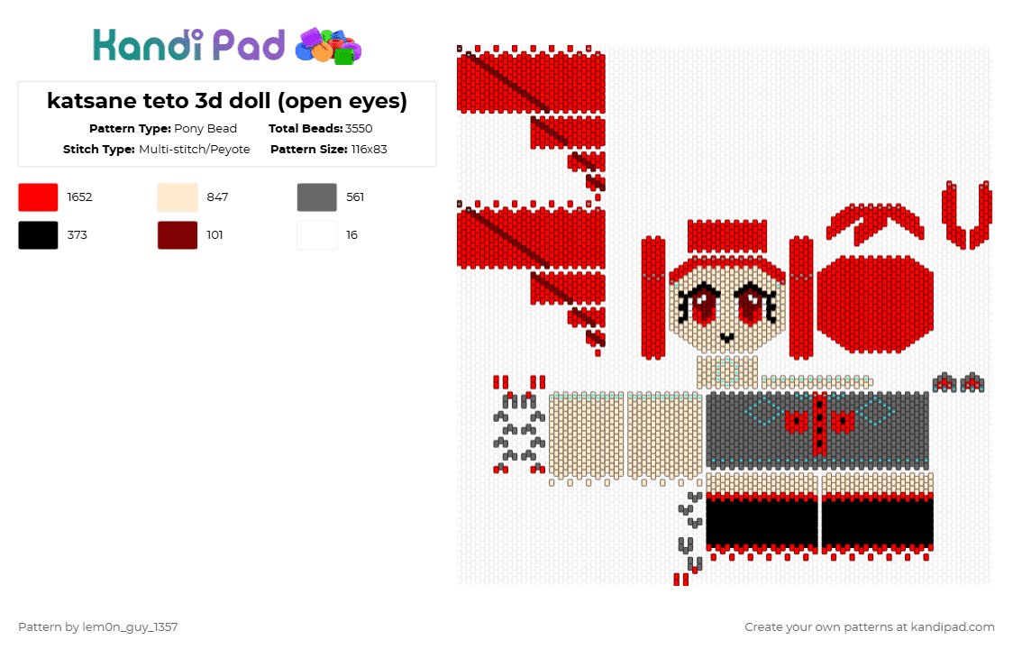 katsane teto 3d doll (open eyes) - Pony Bead Pattern by lem0n_guy_1357 on Kandi Pad - beige,red,3d,vocaloid,music,miku