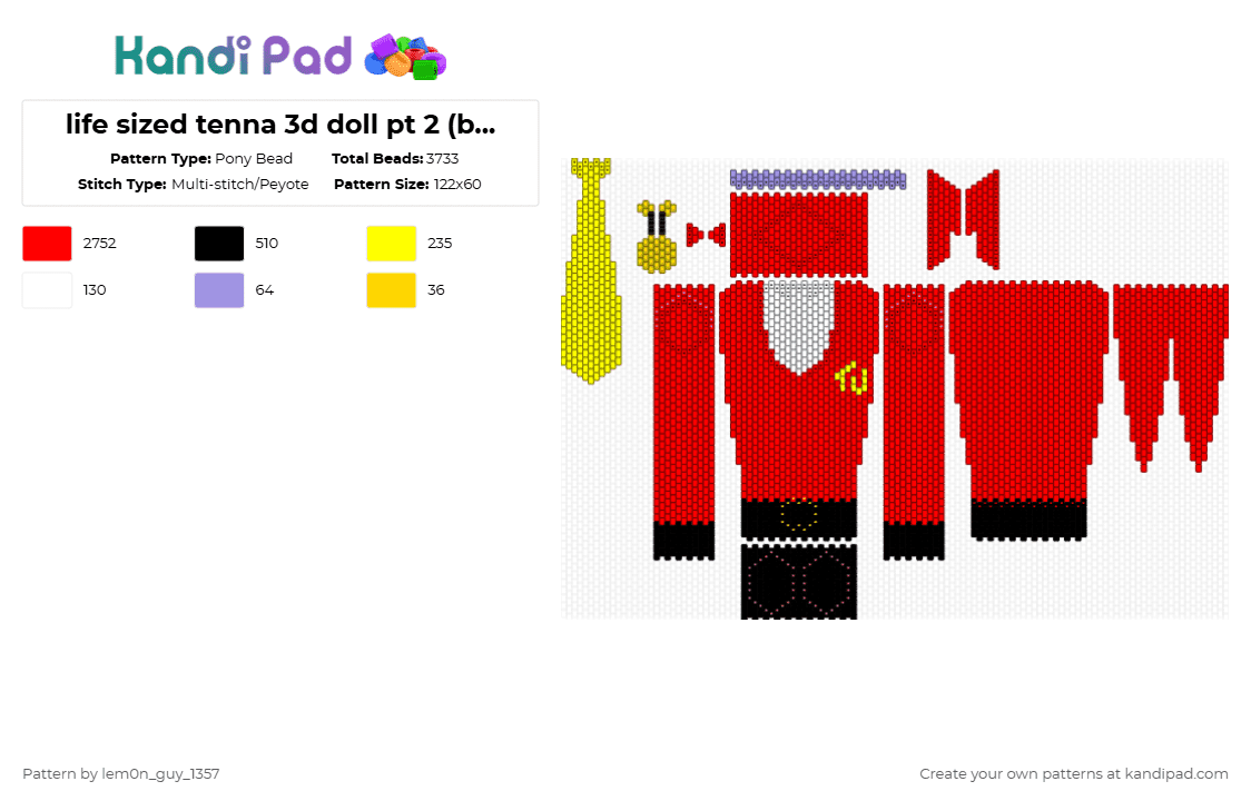 life sized tenna 3d doll pt 2 (body) - Pony Bead Pattern by lem0n_guy_1357 on Kandi Pad - red,deltarune,tenna,3d,doll,tv,3d doll,cute