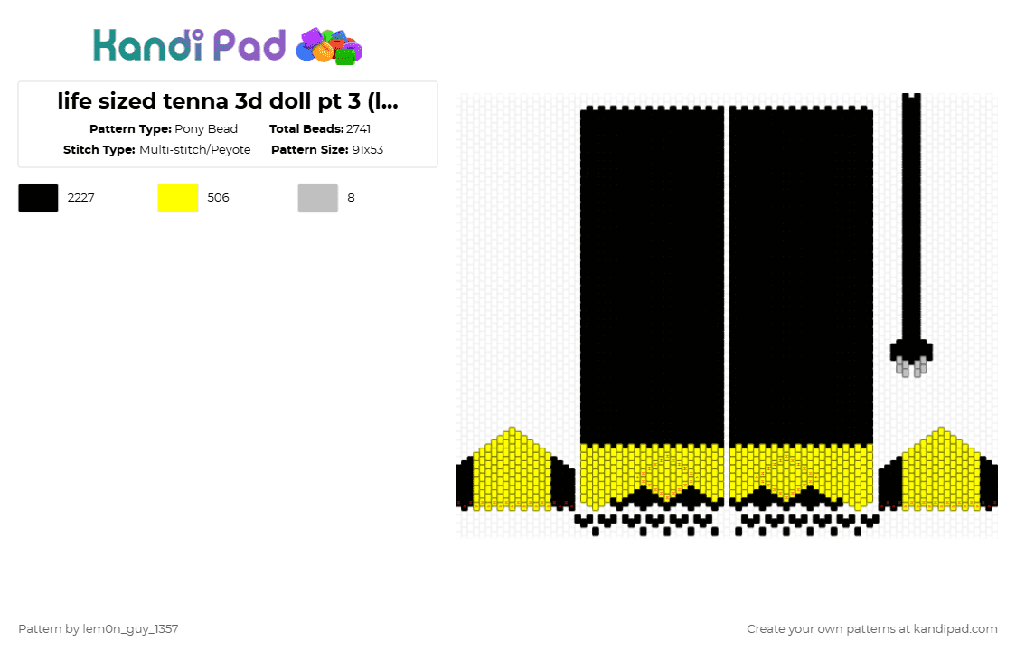 life sized tenna 3d doll pt 3 (legs + tail) - Pony Bead Pattern by lem0n_guy_1357 on Kandi Pad - black,yellow,deltarune,tenna,tv,3d,doll,3d doll,cute