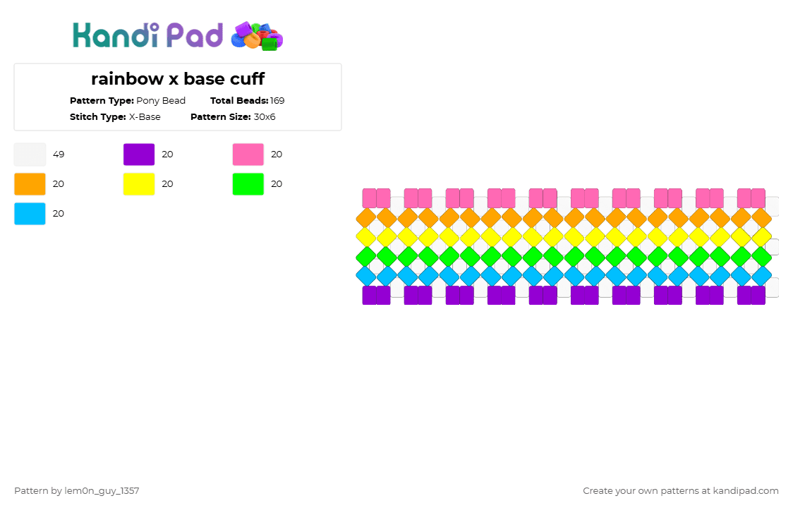 rainbow x base cuff - Pony Bead Pattern by lem0n_guy_1357 on Kandi Pad - pink,yellow,light blue,colorful,rainbow,cuff,x base