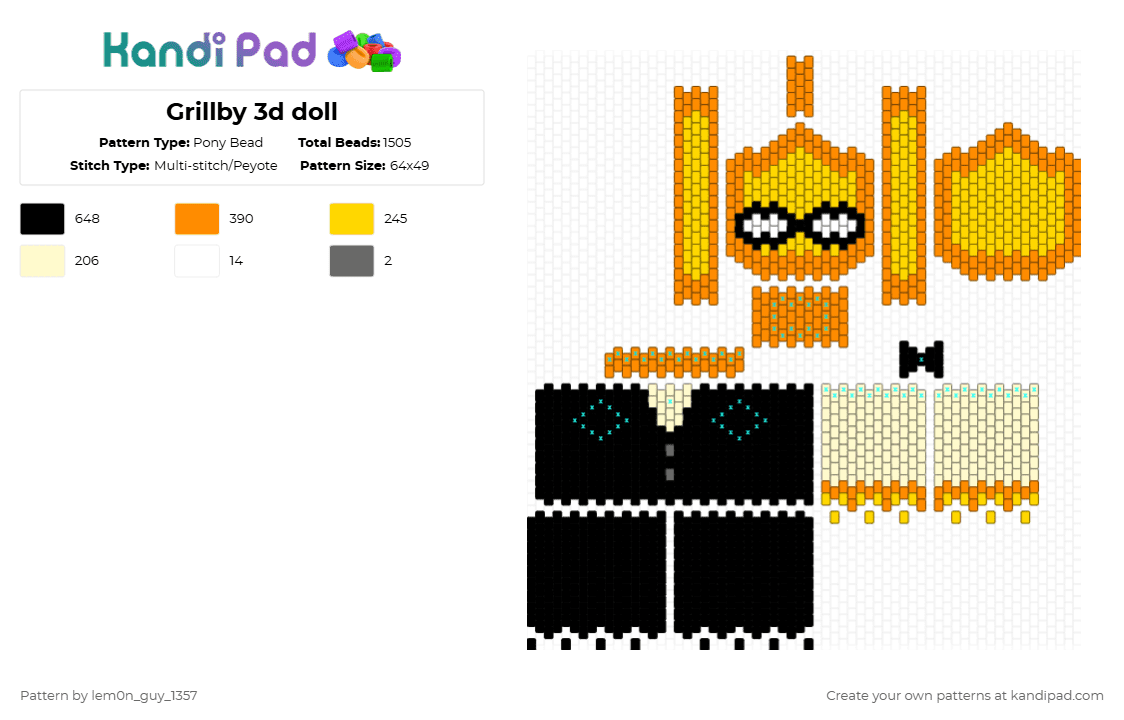 Grillby 3d doll - Pony Bead Pattern by lem0n_guy_1357 on Kandi Pad - orange,yellow,undertale,cute,characters,game,gaming,video game,3d