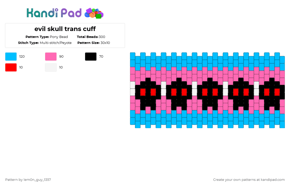 evil skull trans cuff - Pony Bead Pattern by lem0n_guy_1357 on Kandi Pad - pink,light blue,evil skull,pride,trans,transgender,cuff