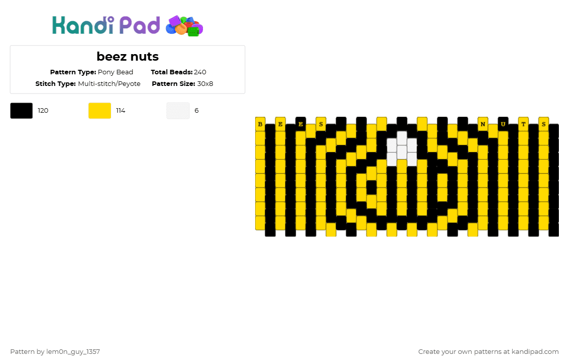 beez nuts - Pony Bead Pattern by lem0n_guy_1357 on Kandi Pad - bee,bumble bee,stripes,beez nuts,insect,animal,yellow,cotdbees,cuff